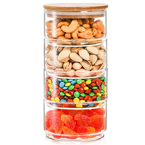 Coloch 4 Tier Stacking Glass Jars with Airtight Bamboo Lid, 12oz Clear Food Storage Canister Set Decorative Glass Jars for Candies, Nuts, Condiments, Tea, Tiny Crafts, Kitchen, Living Room