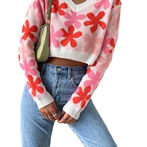 Floerns Women's Casual Rib Knit Long Sleeve V Neck Floral Pattern Drop Shoulder Crop Sweater Top Pink S