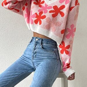 Floerns Women's Casual Rib Knit Long Sleeve V Neck Floral Pattern Drop Shoulder Crop Sweater Top Pink S