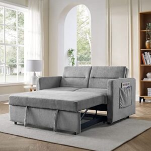 merax 54.5'' modern convertible sleeper sofa bed with two side pockets, grey fabric sofa w/pull-out bed loveseat sofa couch and adjsutable back for living room