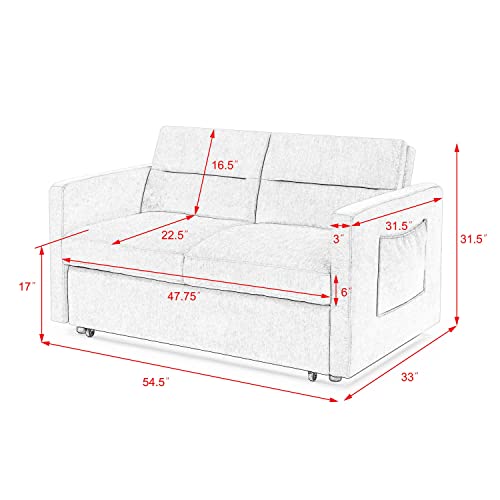 Merax 54.5'' Modern Convertible Sleeper Sofa Bed with Two Side Pockets, Grey Fabric Sofa w/Pull-Out Bed Loveseat Sofa Couch and Adjsutable Back for Living Room