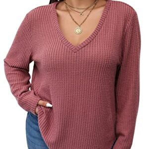 SOLY HUX Women's Plus V Neck Long Sleeve T Shirt Curved Hem Knit Sweater Pullover Tops Solid Pink 3XL