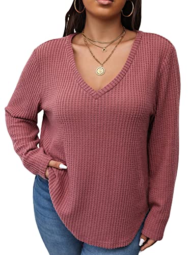 SOLY HUX Women's Plus V Neck Long Sleeve T Shirt Curved Hem Knit Sweater Pullover Tops Solid Pink 3XL