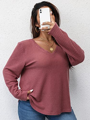 SOLY HUX Women's Plus V Neck Long Sleeve T Shirt Curved Hem Knit Sweater Pullover Tops Solid Pink 3XL