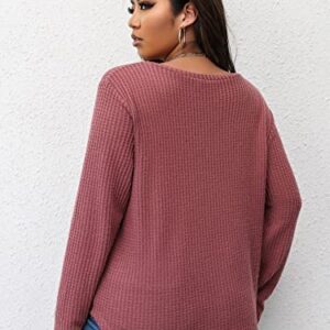 SOLY HUX Women's Plus V Neck Long Sleeve T Shirt Curved Hem Knit Sweater Pullover Tops Solid Pink 3XL