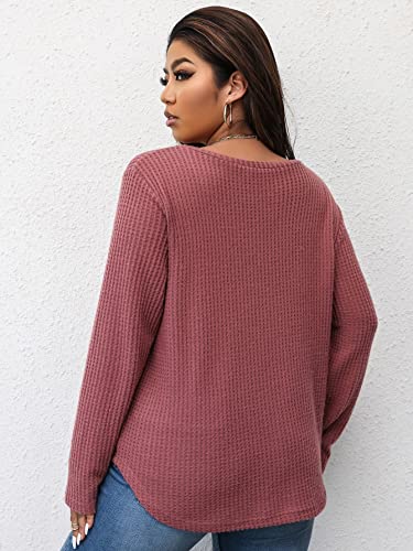 SOLY HUX Women's Plus V Neck Long Sleeve T Shirt Curved Hem Knit Sweater Pullover Tops Solid Pink 3XL