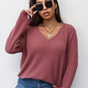 SOLY HUX Women's Plus V Neck Long Sleeve T Shirt Curved Hem Knit Sweater Pullover Tops Solid Pink 3XL