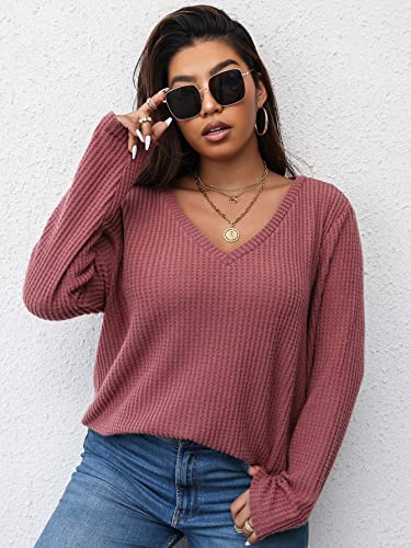 SOLY HUX Women's Plus V Neck Long Sleeve T Shirt Curved Hem Knit Sweater Pullover Tops Solid Pink 3XL