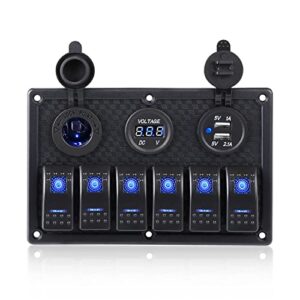 waterwich 6 gang marine boat car rocker switch panel with led digital voltmeter dual usb charger cigarette power socket 5 pin on/off switch for rv vehicle truck with night glow stickers