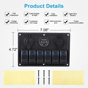 WATERWICH 6 Gang Marine Boat Car Rocker Switch Panel with Led Digital Voltmeter Dual USB Charger Cigarette Power Socket 5 Pin on/Off Switch for RV Vehicle Truck with Night Glow Stickers