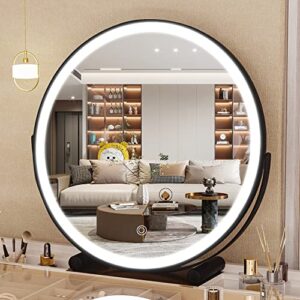 hasipu vanity mirror with lights, 16" led makeup mirror, lighted makeup mirror with lights, smart touch control 3 colors dimmable round mirror 360°rotation black