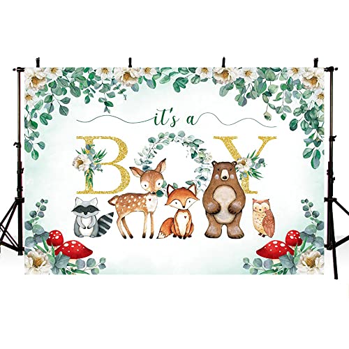 AIBIIN 7x5ft Woodland Baby Shower Backdrop It's A Boy Green Leaves Bear Foxes Owl Photography Background Baby Shower Party Decorations Banner Photo Studio Props