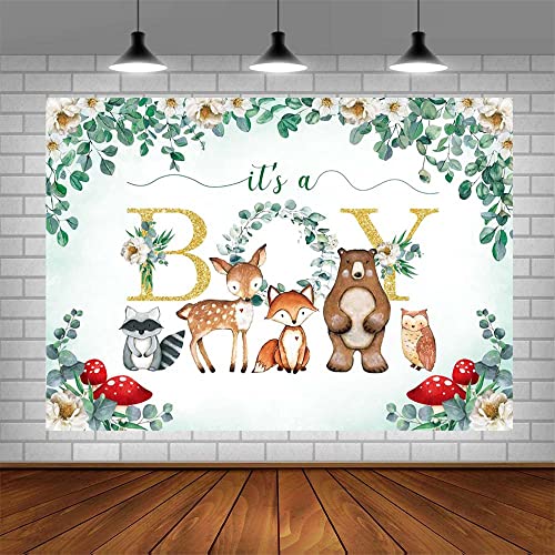 AIBIIN 7x5ft Woodland Baby Shower Backdrop It's A Boy Green Leaves Bear Foxes Owl Photography Background Baby Shower Party Decorations Banner Photo Studio Props