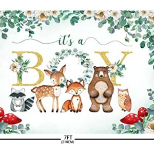 AIBIIN 7x5ft Woodland Baby Shower Backdrop It's A Boy Green Leaves Bear Foxes Owl Photography Background Baby Shower Party Decorations Banner Photo Studio Props