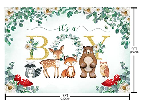 AIBIIN 7x5ft Woodland Baby Shower Backdrop It's A Boy Green Leaves Bear Foxes Owl Photography Background Baby Shower Party Decorations Banner Photo Studio Props