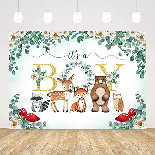 AIBIIN 7x5ft Woodland Baby Shower Backdrop It's A Boy Green Leaves Bear Foxes Owl Photography Background Baby Shower Party Decorations Banner Photo Studio Props