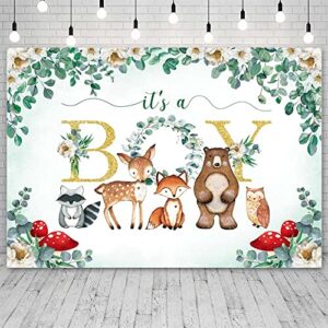 AIBIIN 7x5ft Woodland Baby Shower Backdrop It's A Boy Green Leaves Bear Foxes Owl Photography Background Baby Shower Party Decorations Banner Photo Studio Props