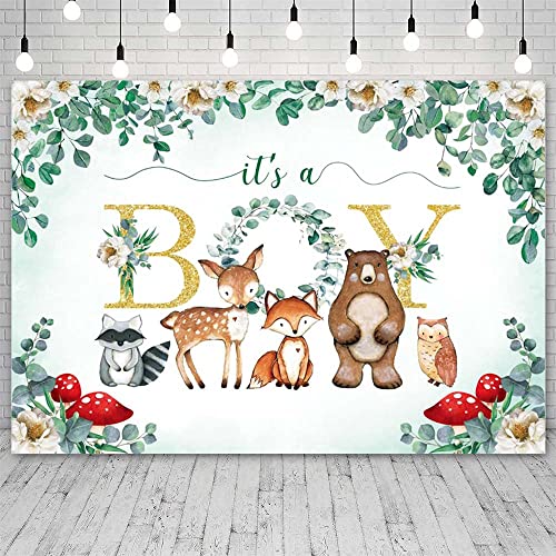 AIBIIN 7x5ft Woodland Baby Shower Backdrop It's A Boy Green Leaves Bear Foxes Owl Photography Background Baby Shower Party Decorations Banner Photo Studio Props