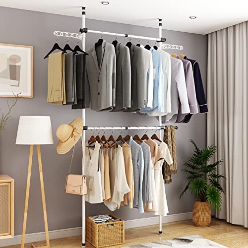 Clothing Racks for Hanging Clothes,Heavy Duty Clothes Rack,Garment Rack,Adjustable Closet Rods for Hanging Clothes,Portable Closets for Hanging Clothes,Double Clothing Rack White,Tension Rod