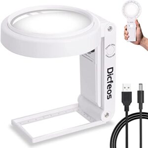 dicfeos 30x 40x magnifying glass with light and stand, folding design 18 led illuminated magnifying glass for close work, large magnifying glasses for reading, powered by battery or usb(white)