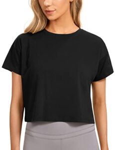 crz yoga women's pima cotton workout short sleeve shirts loose crop tops athletic gym shirt casual cropped t-shirt black small