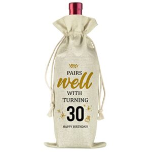 30th birthday gift ideas for women men, 30th thirtieth 30 years old birthday decorations wine bag, happy 30th birthday, pairs well with turning 30 thirty