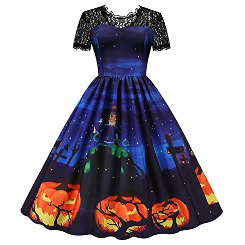 QUFECH Halloween Costumes For Women, Alice In Wonderland Costume Adult Women Black Cat Costume 4X Women's Casual Print V-Neck Zip Short Sleeve Lace Panel Swing Dress Short Dress (XXL, Blue)