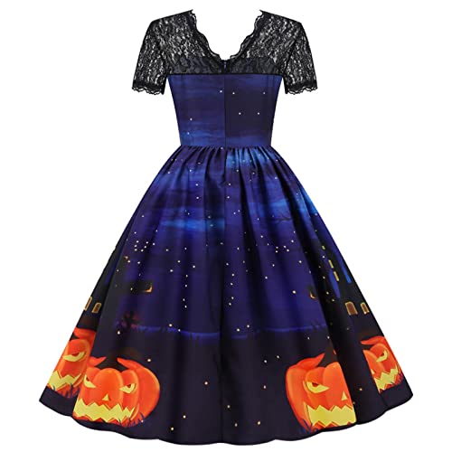 QUFECH Halloween Costumes For Women, Alice In Wonderland Costume Adult Women Black Cat Costume 4X Women's Casual Print V-Neck Zip Short Sleeve Lace Panel Swing Dress Short Dress (XXL, Blue)