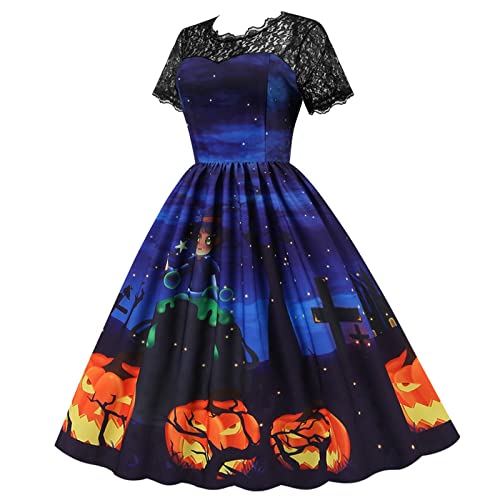 QUFECH Halloween Costumes For Women, Alice In Wonderland Costume Adult Women Black Cat Costume 4X Women's Casual Print V-Neck Zip Short Sleeve Lace Panel Swing Dress Short Dress (XXL, Blue)