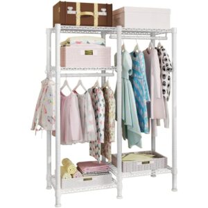ulif f1 garment rack for kids, baby, students, and children's room, 4 tiers freestanding and portable heavy duty closets, small metal clothes rack with 2 hanging rod, 31.2”w x 11.8”d x 48”h, white