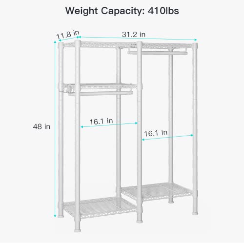 Ulif F1 Garment Rack for Kids, Baby, Students, and Children's Room, 4 Tiers Freestanding and Portable Heavy Duty Closets, Small Metal Clothes Rack with 2 Hanging Rod, 31.2”W x 11.8”D x 48”H, White