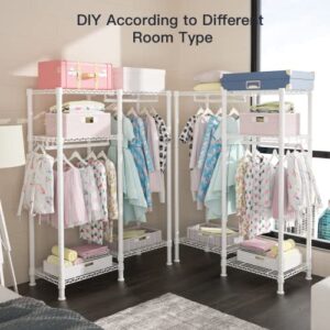 Ulif F1 Garment Rack for Kids, Baby, Students, and Children's Room, 4 Tiers Freestanding and Portable Heavy Duty Closets, Small Metal Clothes Rack with 2 Hanging Rod, 31.2”W x 11.8”D x 48”H, White