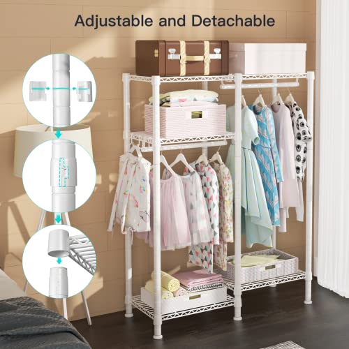 Ulif F1 Garment Rack for Kids, Baby, Students, and Children's Room, 4 Tiers Freestanding and Portable Heavy Duty Closets, Small Metal Clothes Rack with 2 Hanging Rod, 31.2”W x 11.8”D x 48”H, White