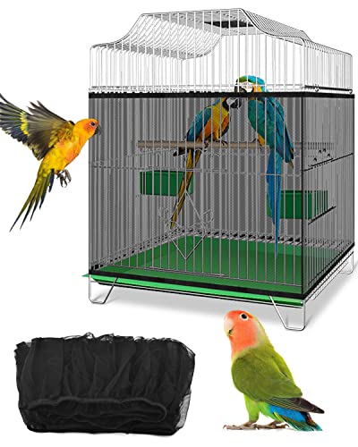 Bissap Bird Cage Seed Catcher, Universal Birdcage Net Nylon Adjustable Elastic Band Stretchy Skirts Mesh Cover for Parrot Cage Seed Guard (Not Include Birdcage)- Black