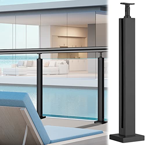 Glass Railing Post Black Metal Glass Railing Post for Indoor Outdoor, Heavy Duty Floor Standing Square Balustrade System with Base Cover, Deck Balcony Loft Guardrails