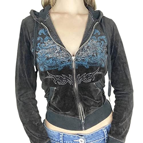 ZZEVOLSS Women's Cropped Zip Up Hoodie Y2K Vintage Velvet Hooded Sweatshirt Cute Hoodies Teen Girl Fall Jacket (Embroidery Graphic black,Large)