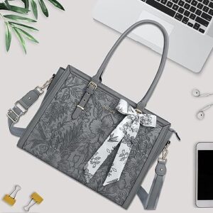 MOSISO Laptop Bag for Women, 15.6-16 inch PU Leathe Tote Bag Compatible with MacBook, HP, Dell, Asus Notebook, Front Embossed Retro Hibiscus Computer Bag with Silk Scarf&Clutch Purse, Gray