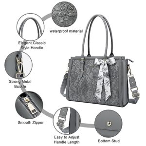 MOSISO Laptop Bag for Women, 15.6-16 inch PU Leathe Tote Bag Compatible with MacBook, HP, Dell, Asus Notebook, Front Embossed Retro Hibiscus Computer Bag with Silk Scarf&Clutch Purse, Gray