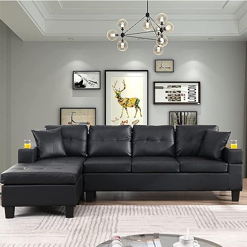 Evedy Living Room Furniture Sets,L Shape Lounge,Cup Holder and Left or Right Hand Chaise Modern 4 Seat,Sectional Couches,Medieval PU Leather Upholstered Sofa (Black)