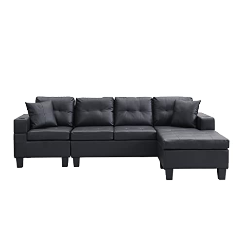 Evedy Living Room Furniture Sets,L Shape Lounge,Cup Holder and Left or Right Hand Chaise Modern 4 Seat,Sectional Couches,Medieval PU Leather Upholstered Sofa (Black)