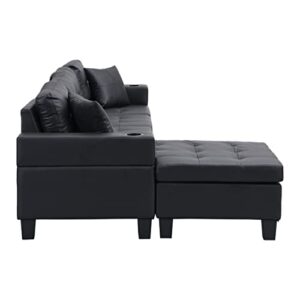 Evedy Living Room Furniture Sets,L Shape Lounge,Cup Holder and Left or Right Hand Chaise Modern 4 Seat,Sectional Couches,Medieval PU Leather Upholstered Sofa (Black)