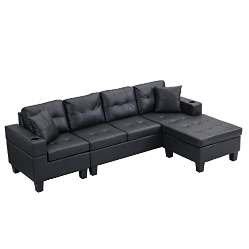 Evedy Living Room Furniture Sets,L Shape Lounge,Cup Holder and Left or Right Hand Chaise Modern 4 Seat,Sectional Couches,Medieval PU Leather Upholstered Sofa (Black)