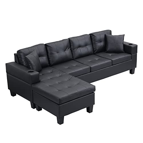 Evedy Living Room Furniture Sets,L Shape Lounge,Cup Holder and Left or Right Hand Chaise Modern 4 Seat,Sectional Couches,Medieval PU Leather Upholstered Sofa (Black)