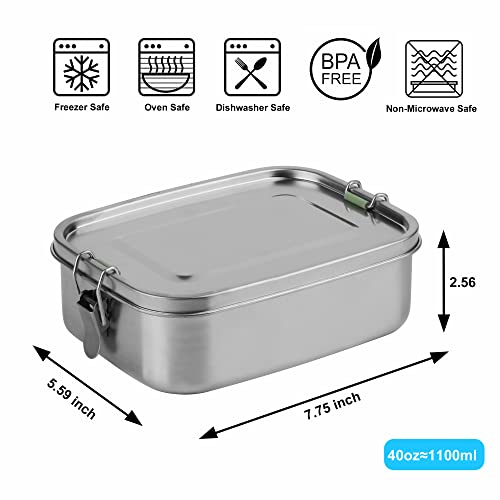 Arora Stainless Steel Bento Lunch Box - 1100ml w/Divider, 2 Compartments, Eco & Recyclable Food Container, Leakproof & Dishwasher Safe, BPA Free, On-the-Go Eating Design for Adults & Teens