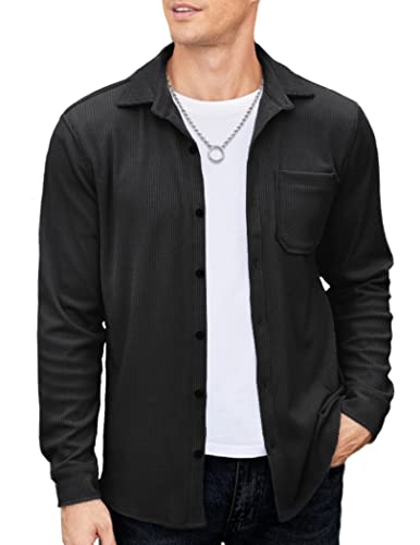 COOFANDY Men's Corduroy Casual Shirts Long Sleeve Button Down Outdoor Light Jackets Black