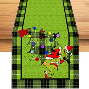 rvsticty linen grinch table runner merry grinchmas tablecloth winter xmas christmas decorations and supplies for home kitchen table-13×72''