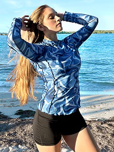 ATTRACO Rash Guard for Women Long Sleeve Swim Shirt Y2K Skiny UV Swimsuit Top UPF 50+ Blue L