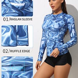 ATTRACO Rash Guard for Women Long Sleeve Swim Shirt Y2K Skiny UV Swimsuit Top UPF 50+ Blue L