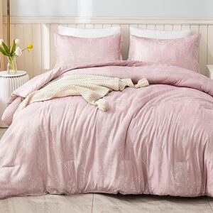 litanika pink full size comforter sets for girls, 3 pieces cute blush floral women lightweight bedding comforter sets, flowers soft bed set gift choice all season (79x90in comforter, 2 pillowcases)