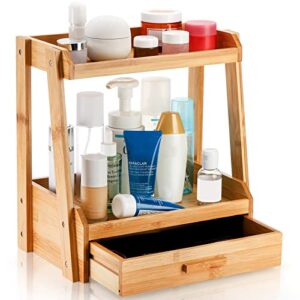lyellfe 2 tier bamboo makeup organizer, bathroom counter organizer with drawer, multi-purpose cosmetic perfume display stand for skincare, lipstick, jewelry, brush, easy assembly